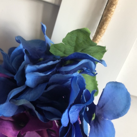 Blue Purple Hydrangea Azalea Floral Decor Twine Tweed Hoop Wreath - Picture 4 of 5